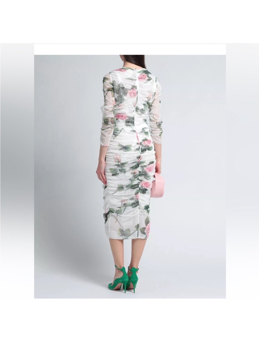 Dolce & Gabbana White Mesh Midi Dress with Pink Rose Print - Picture 2 of 7
